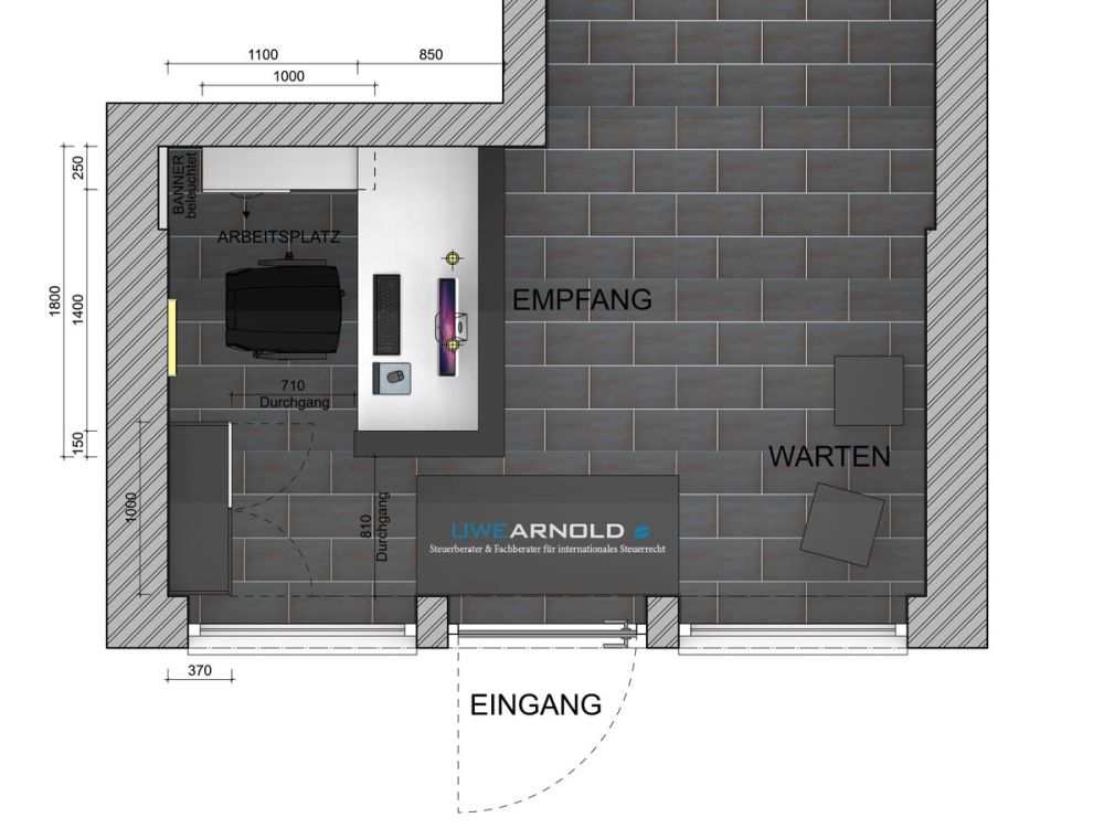 Konzeptzeichnung des Ladenbaus für den Empfangsbereich.