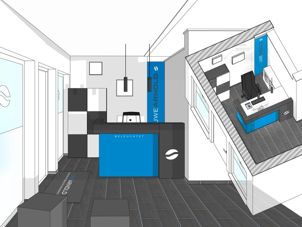 Konzeptzeichnung unseres Ladenbaus für den Empfangsbereichs.