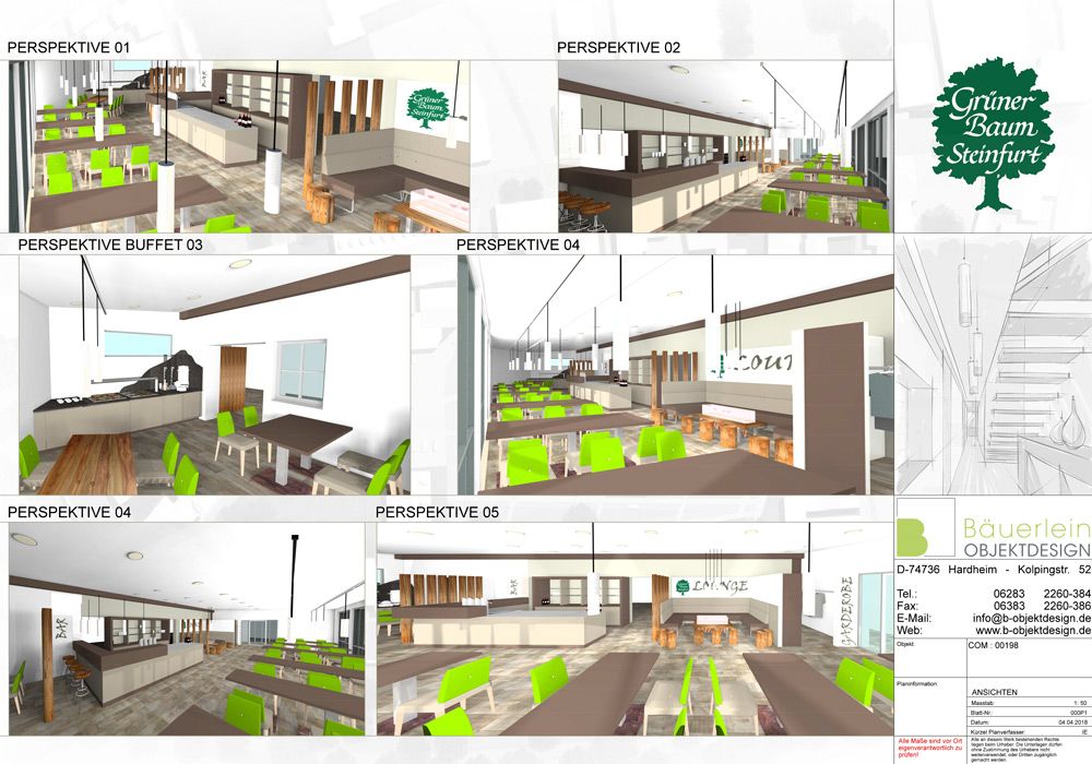 Verschiedene Perspektiven des Konzepts für den Restaurant-Ladenausbau in Baden-Württemberg, kreiert von Bäuerlein Objektdesign.