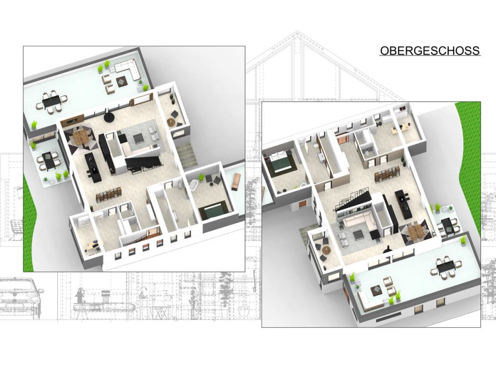 Projektbau in Regensburg – Konzeptzeichnung des Obergeschoss-Grundrisses.