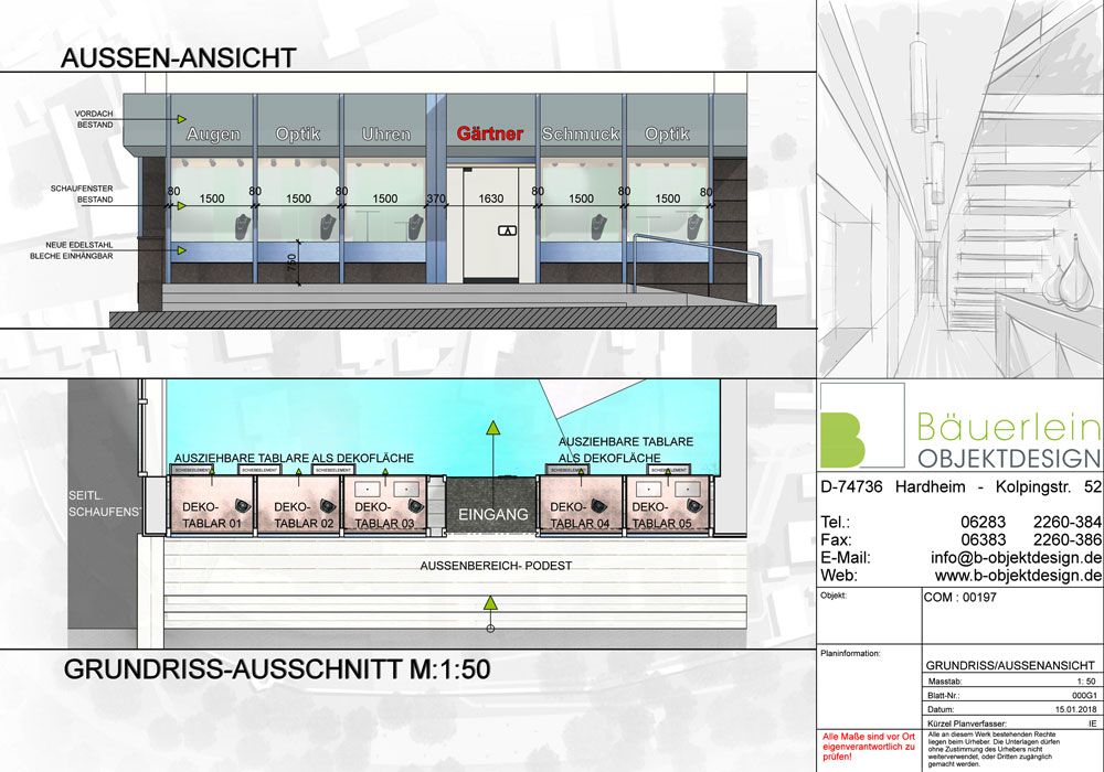 Konzeptzeichnung der Außenansicht mit Grundriss.
