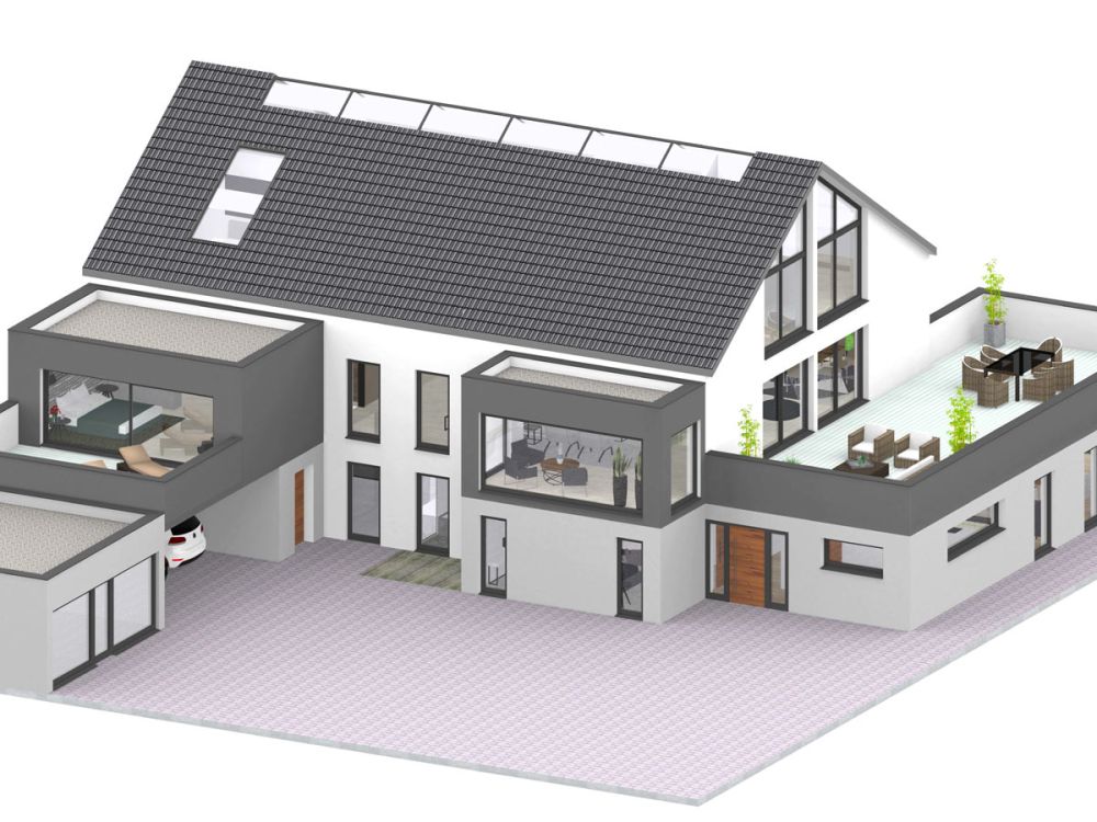 Konzeptrendering - Frontansicht des Scheunenumbaus.