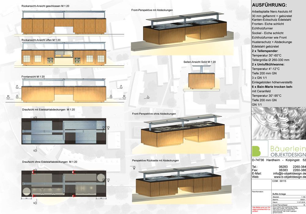 Konzeptzeichnung der Buffetinsel für den Innenraumausbau des Speisesaals 