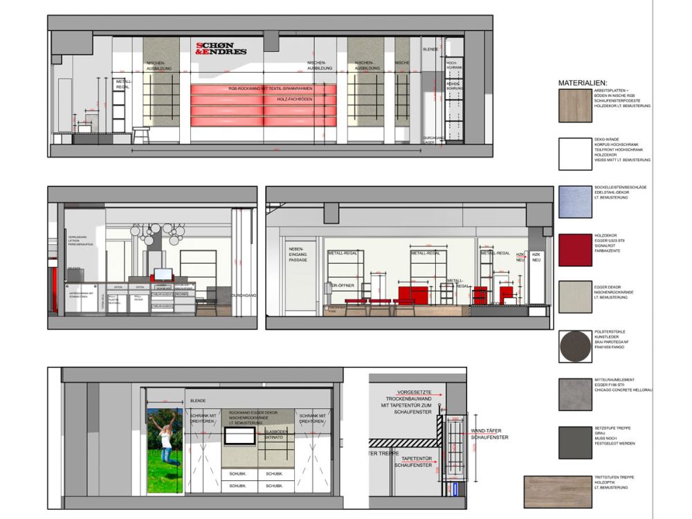 Konzeptzeichnung der seitlichen Ansicht der Verkaufsräume