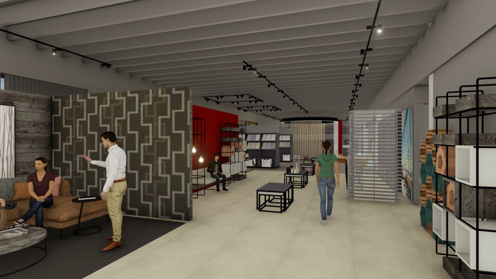 Einladend gestalteter Verkaufsraum von Kaljinsky Raumausstattung vorne. Klare Linien und durchdachte Raumaufteilung für ein inspirierendes Einkaufserlebnis.